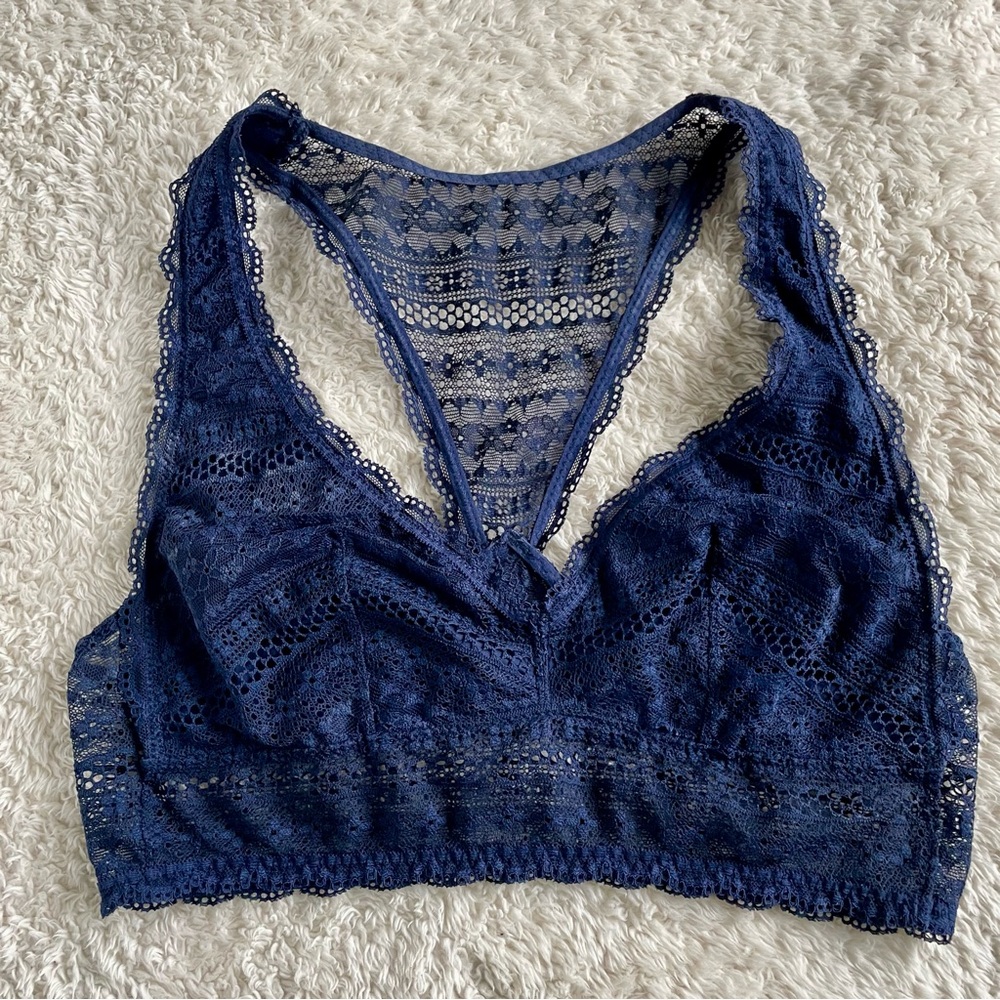 Victoria's Secret Navy Blue Lace Bralette Small Sheer Floral Back Romantic Bra